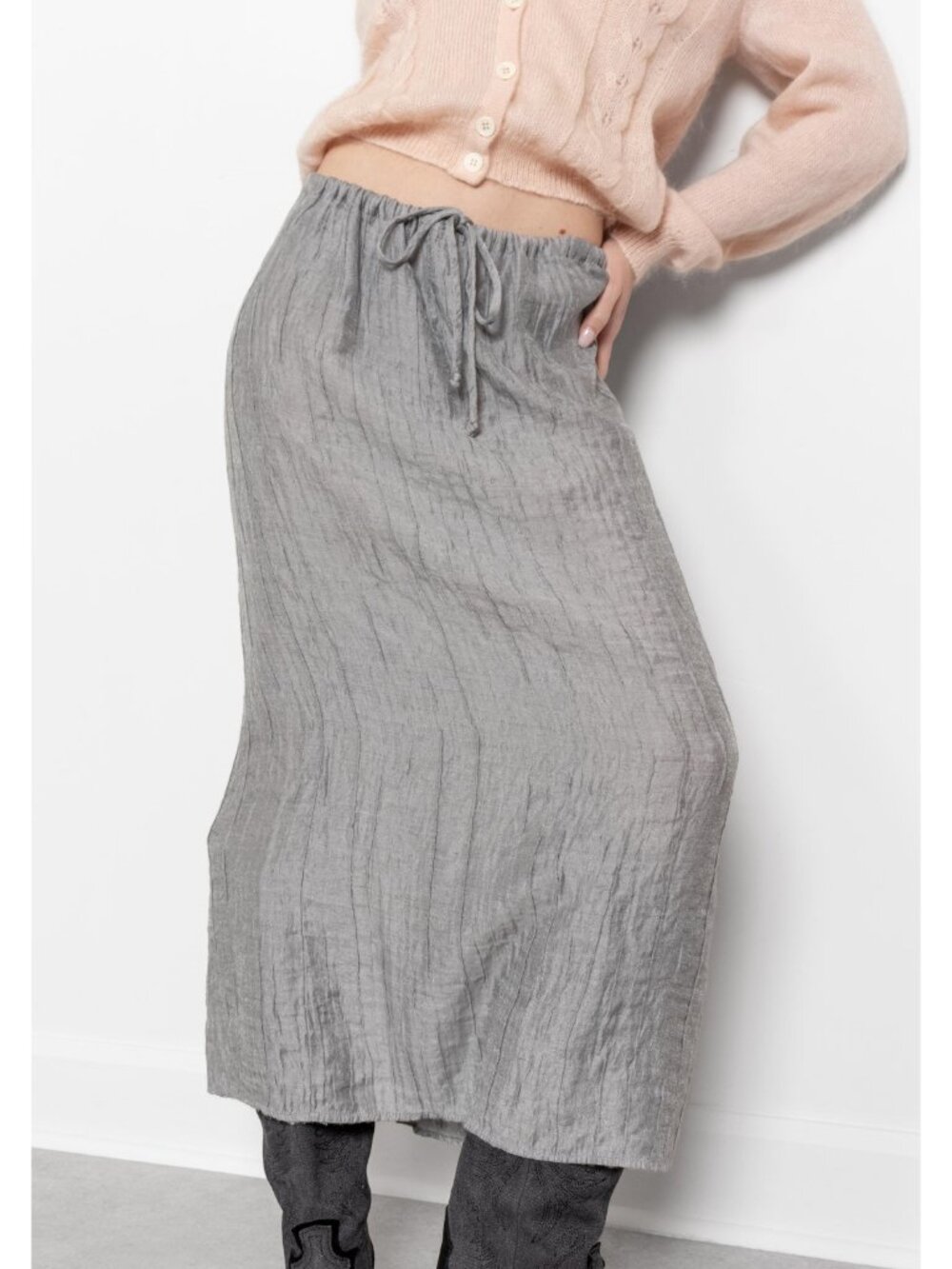 CRINKLE LINEN MAXI Skirt Vintage Low Rise Light / Small Medium - Picture 8 of 10